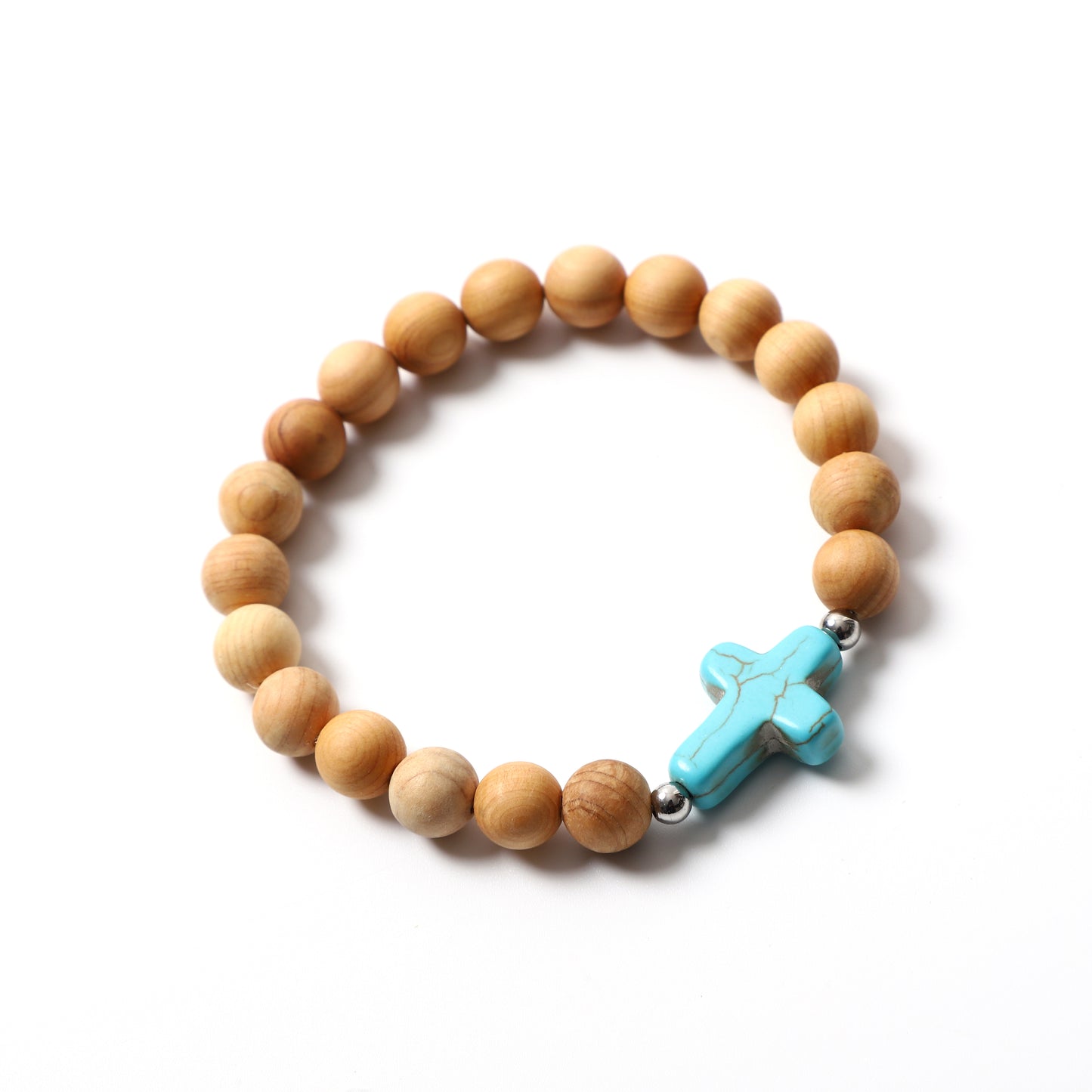 Blue Turquoise Cross Bracelet Natural Stone / Wooden Round Bead 8MM | Faith & Good Wishes | Wholesale Bulk Pricing