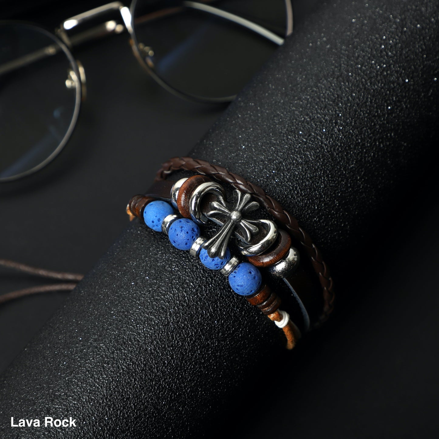"CROSS" Leather Bracelets ( 8mm Lava Rock, Gemstone beads) ROLA DIRECT BUY