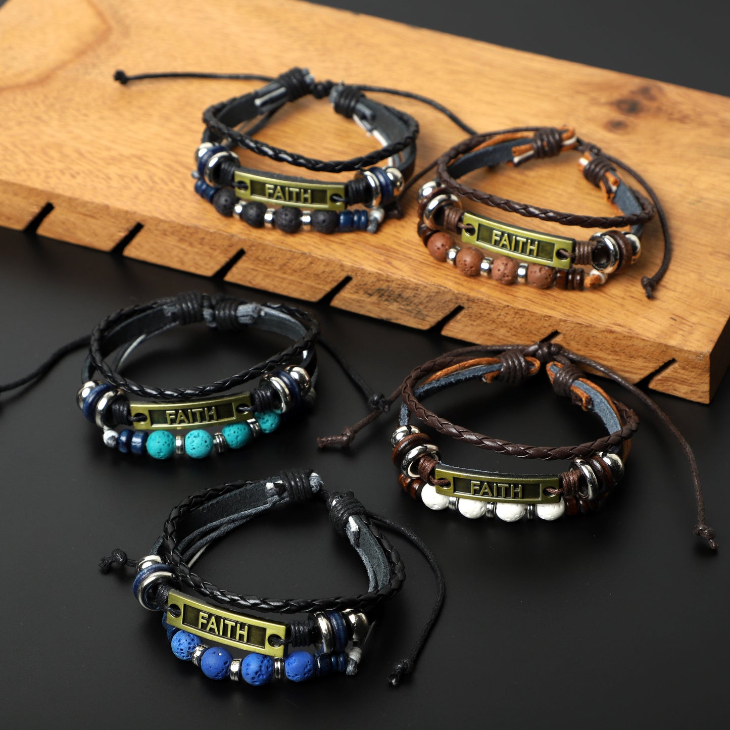 "FAITH" Leather Bracelets (8mm Lava Rock beads) ROLA DIRECT BUY
