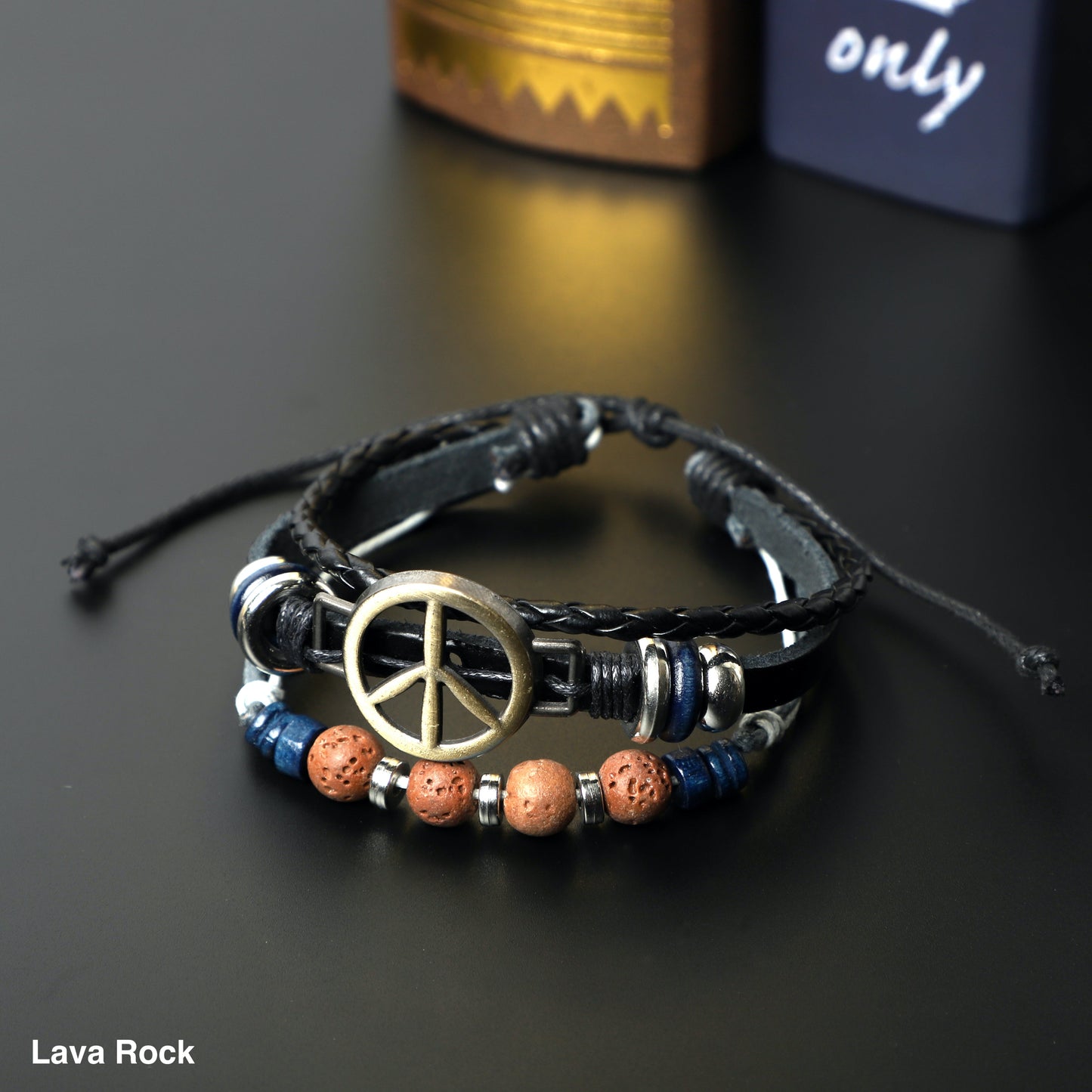 "PEACE" Leather Bracelets ( 8mm Lava Rock, Gemstone beads) ROLA DIRECT BUY