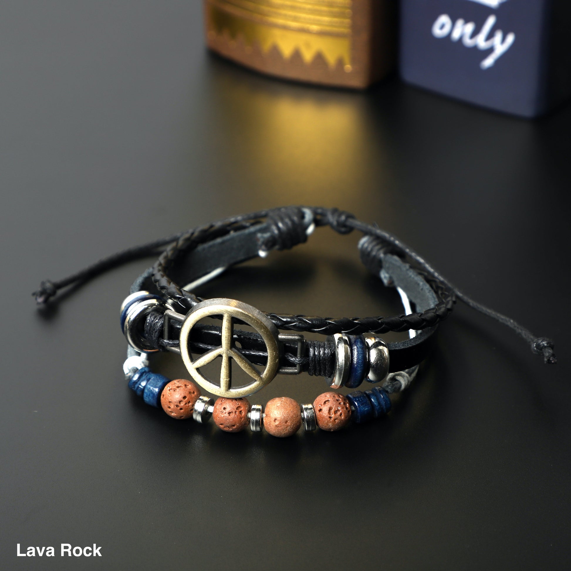 "PEACE" Leather Bracelets  ( 8mm Lava Rock, Gemstone beads) ROLA DIRECT BUY
