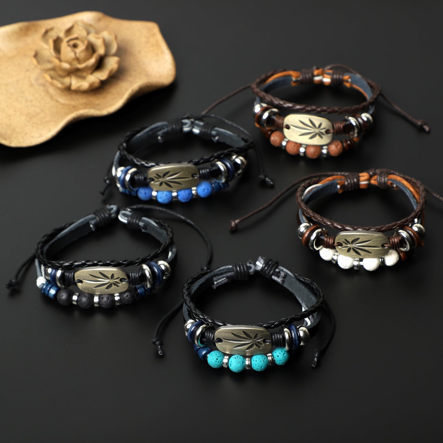 "Pot Leaf" Leather Bracelets (8mm Lava Rock, Gemstone beads) ROLA DIRECT BUY