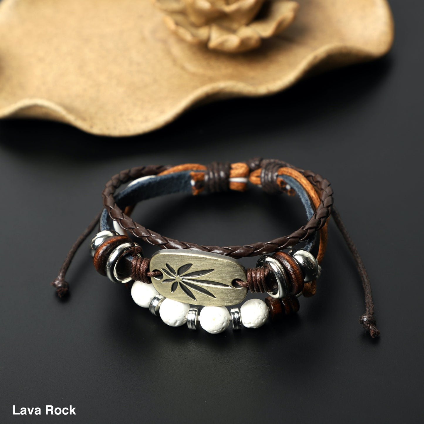 "Pot Leaf" Leather Bracelets (8mm Lava Rock, Gemstone beads) ROLA DIRECT BUY