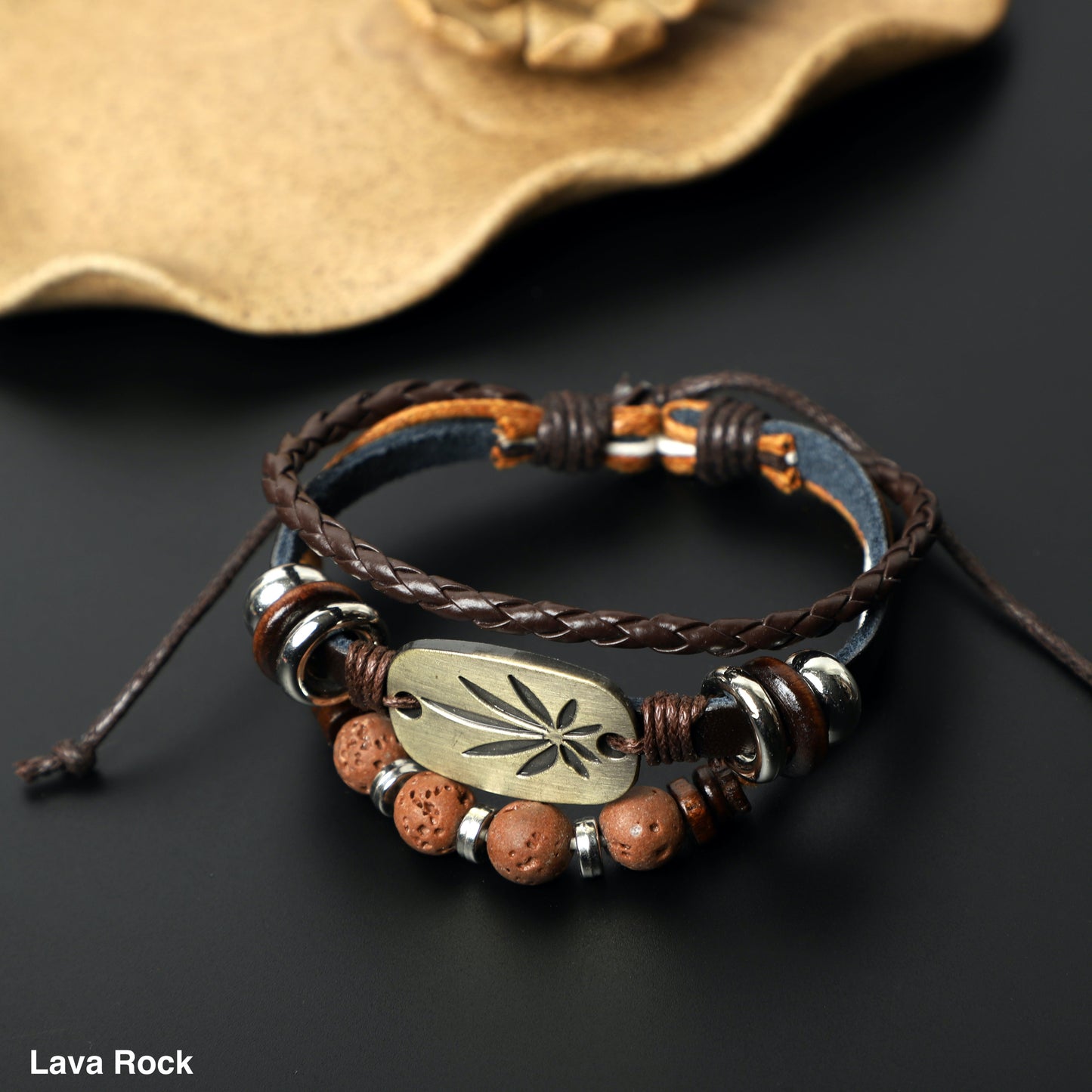 "Pot Leaf" Leather Bracelets (8mm Lava Rock, Gemstone beads) ROLA DIRECT BUY
