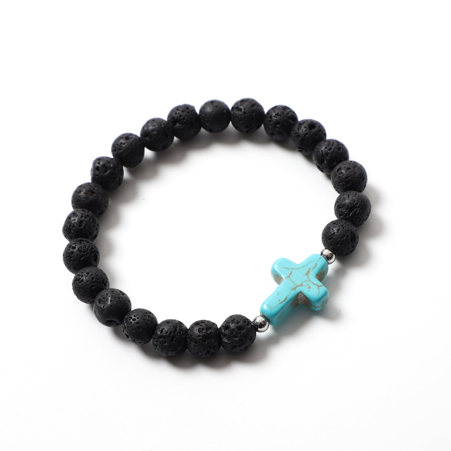 Blue Turquoise Cross Bracelet Natural Stone / Wooden Round Bead 8MM | Faith & Good Wishes | Wholesale Bulk Pricing