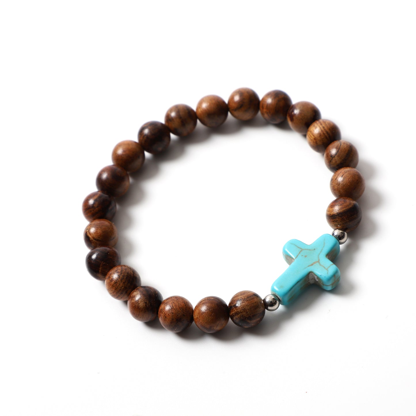 Blue Turquoise Cross Bracelet Natural Stone / Wooden Round Bead 8MM | Faith & Good Wishes | Wholesale Bulk Pricing