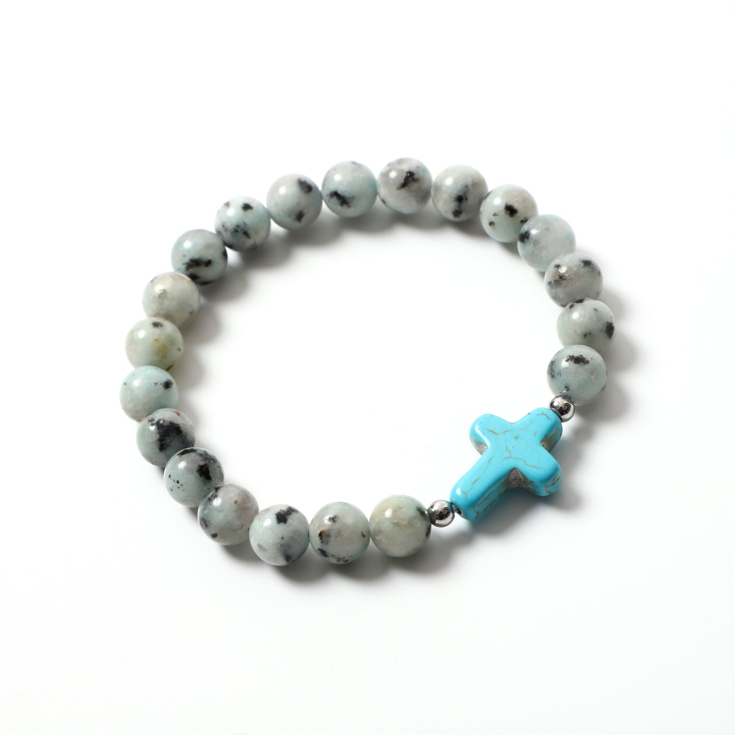 Blue Turquoise Cross Bracelet Natural Stone / Wooden Round Bead 8MM | Faith & Good Wishes | Wholesale Bulk Pricing