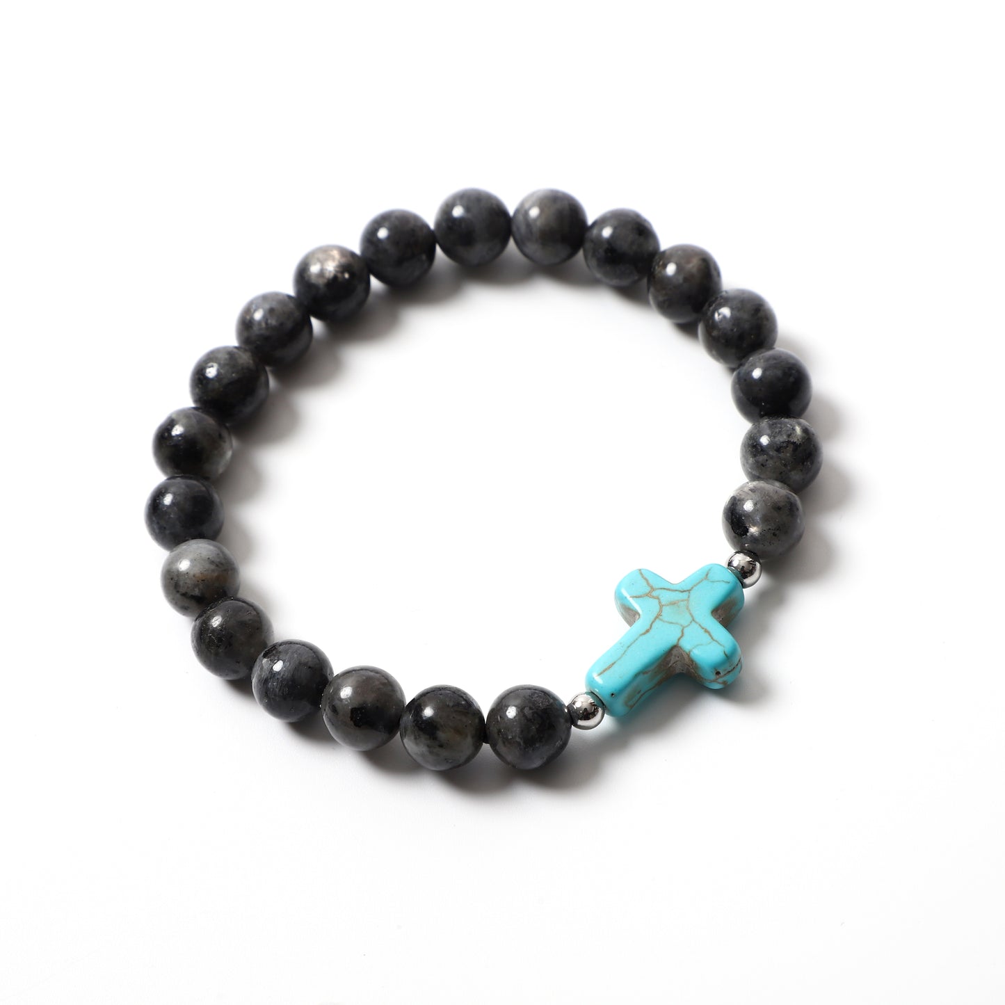Blue Turquoise Cross Bracelet Natural Stone / Wooden Round Bead 8MM | Faith & Good Wishes | Wholesale Bulk Pricing