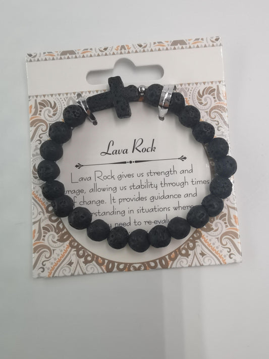 Black Lava Cross Bracelet Natural Stone / Wooden Round Bead 8mm| Faith & Protection | Wholesale Bulk Pricing