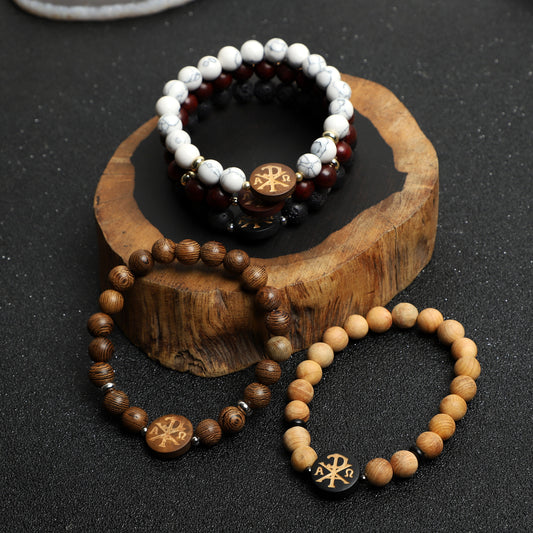 "Chi Rho" Symbol Bracelets ( 8mm Wooden, Lava Rock, Gemstone beads ) ROLA DIRECT BUY