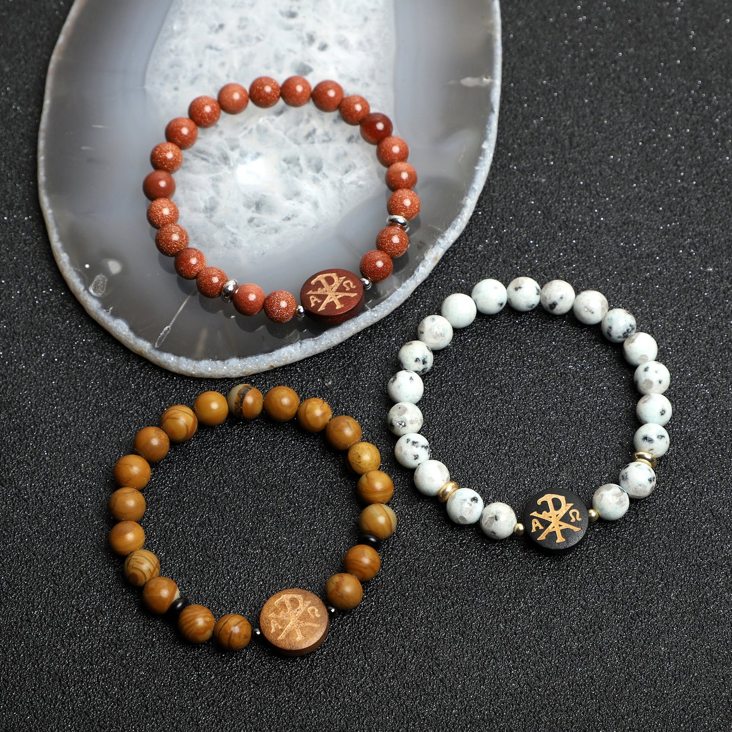 "Chi Rho" Symbol Bracelets ( 8mm Wooden, Lava Rock, Gemstone beads ) ROLA DIRECT BUY