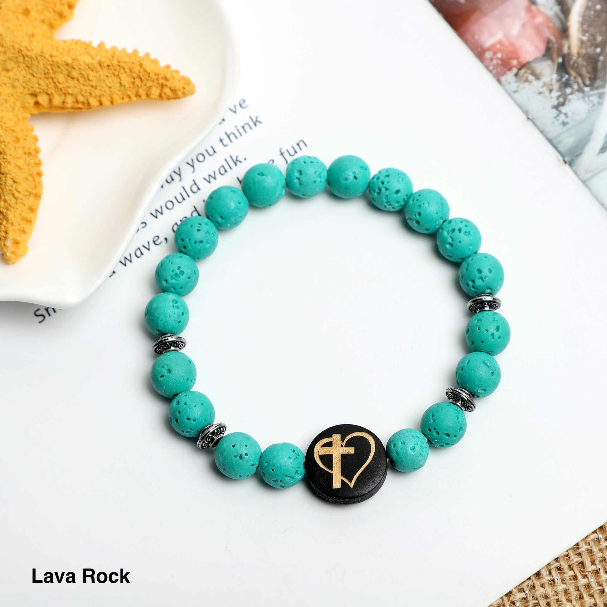 "Cross with Heart" Symbol Bracelet ( 8mm Lava Rock, Wooden beads) ROLA DIRECT BUY