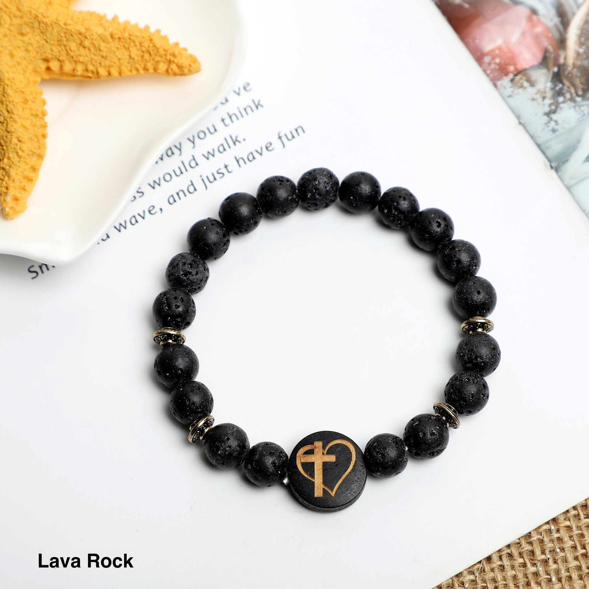 "Cross with Heart" Symbol Bracelet ( 8mm Lava Rock, Wooden beads) ROLA DIRECT BUY