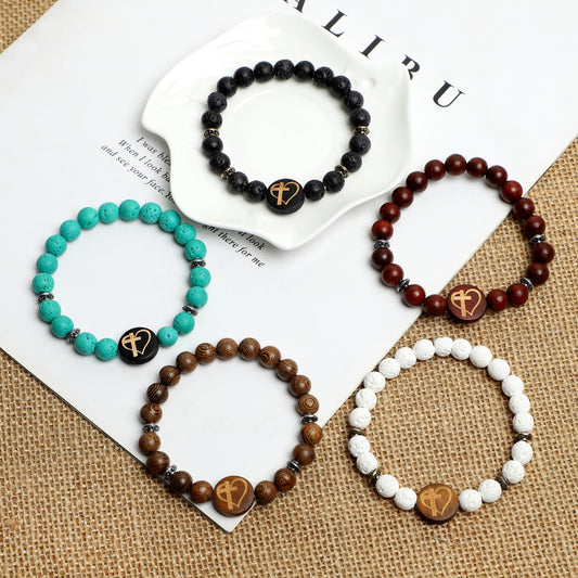 "Cross with Heart" Symbol Bracelet ( 8mm Lava Rock, Wooden beads) ROLA DIRECT BUY