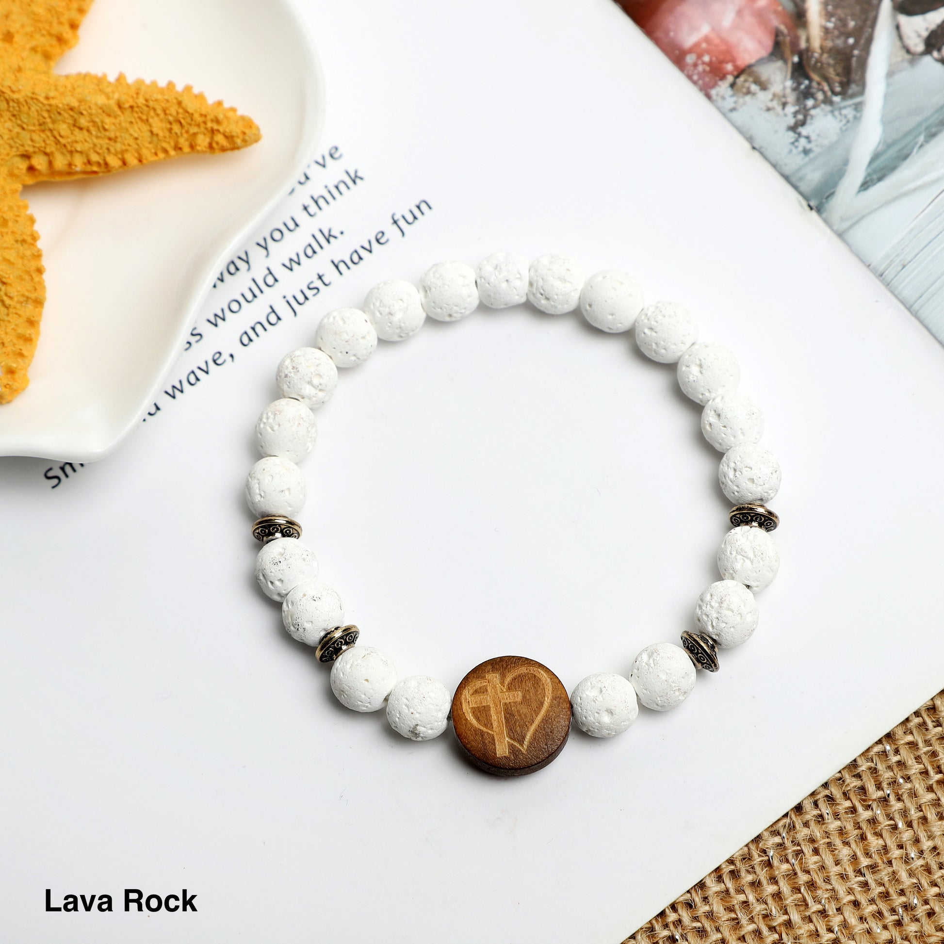 "Cross with Heart" Symbol Bracelet ( 8mm Lava Rock, Wooden beads) ROLA DIRECT BUY