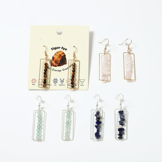 Rectangular Drop Earrings Natural Gemstone Beaded Brass Wire Handmade | Confidence & Grounding | Wholesale Bulk Pricing