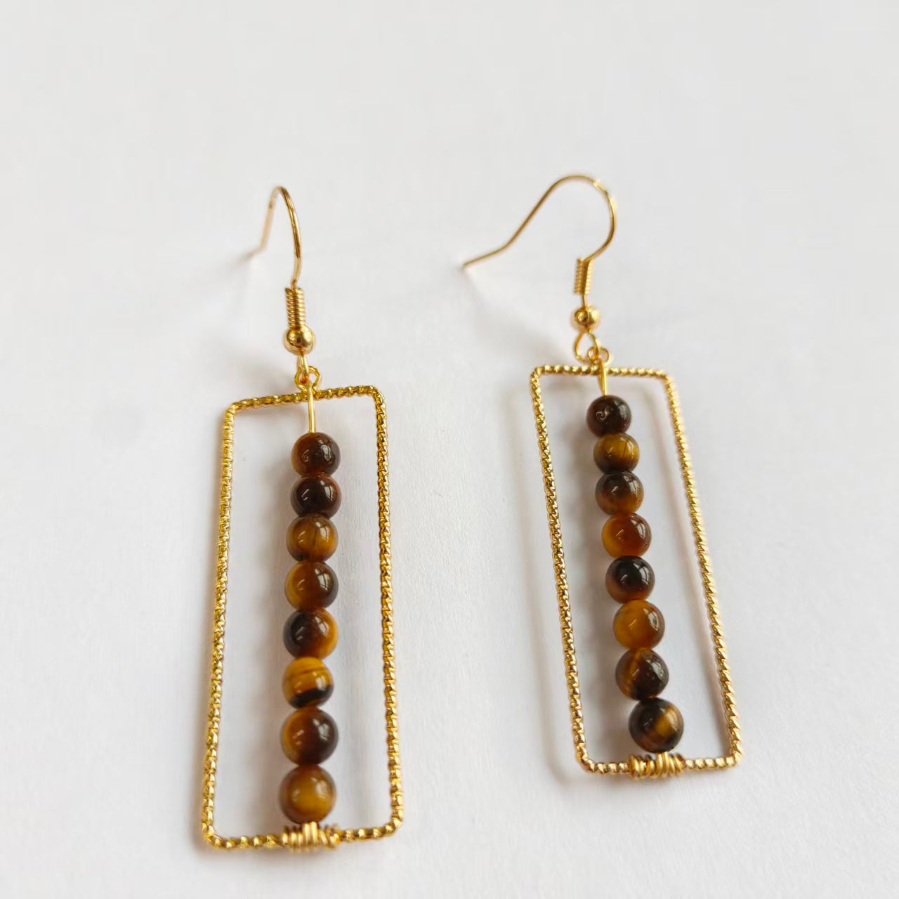 Rectangular Drop Earrings Natural Gemstone Beaded Brass Wire Handmade | Confidence & Grounding | Wholesale Bulk Pricing