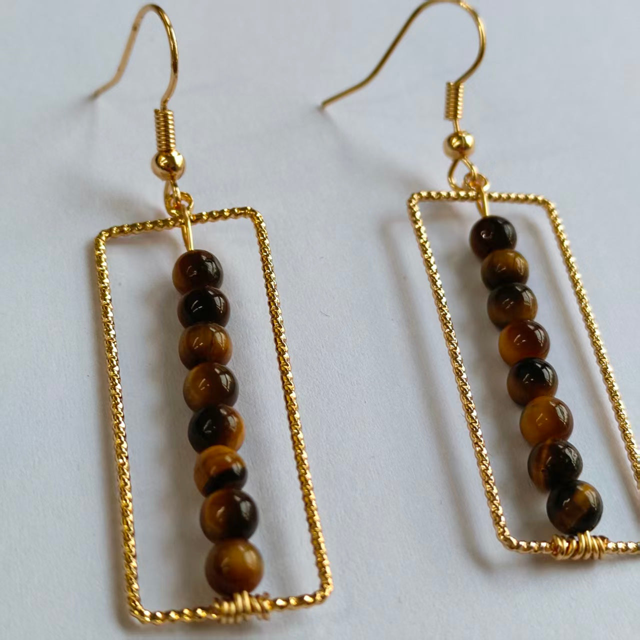 Rectangular Drop Earrings Natural Gemstone Beaded Brass Wire Handmade | Confidence & Grounding | Wholesale Bulk Pricing