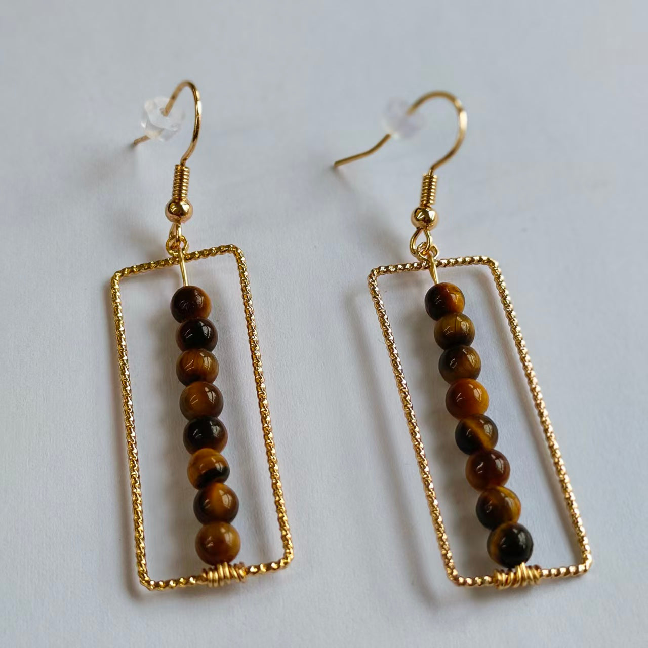 Rectangular Drop Earrings Natural Gemstone Beaded Brass Wire Handmade | Confidence & Grounding | Wholesale Bulk Pricing