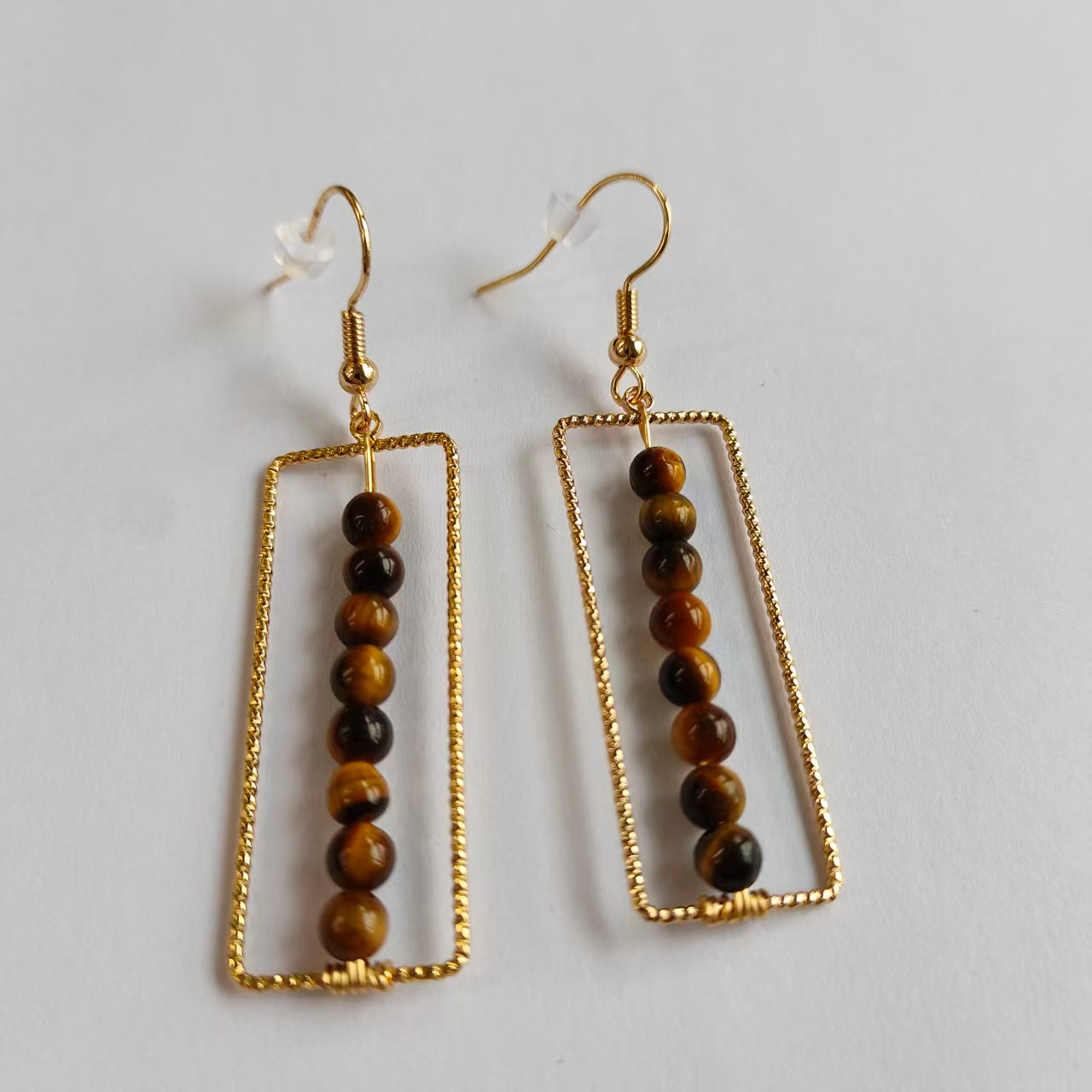 Rectangular Drop Earrings Natural Gemstone Beaded Brass Wire Handmade | Confidence & Grounding | Wholesale Bulk Pricing