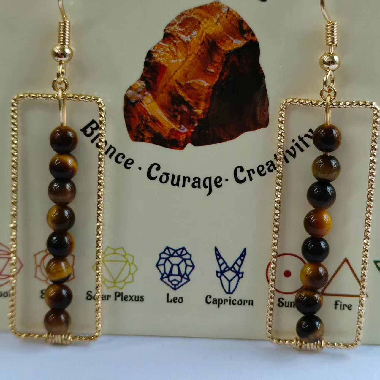Rectangular Drop Earrings Natural Gemstone Beaded Brass Wire Handmade | Confidence & Grounding | Wholesale Bulk Pricing
