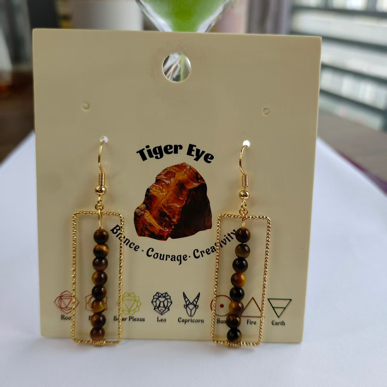 Rectangular Drop Earrings Natural Gemstone Beaded Brass Wire Handmade | Confidence & Grounding | Wholesale Bulk Pricing