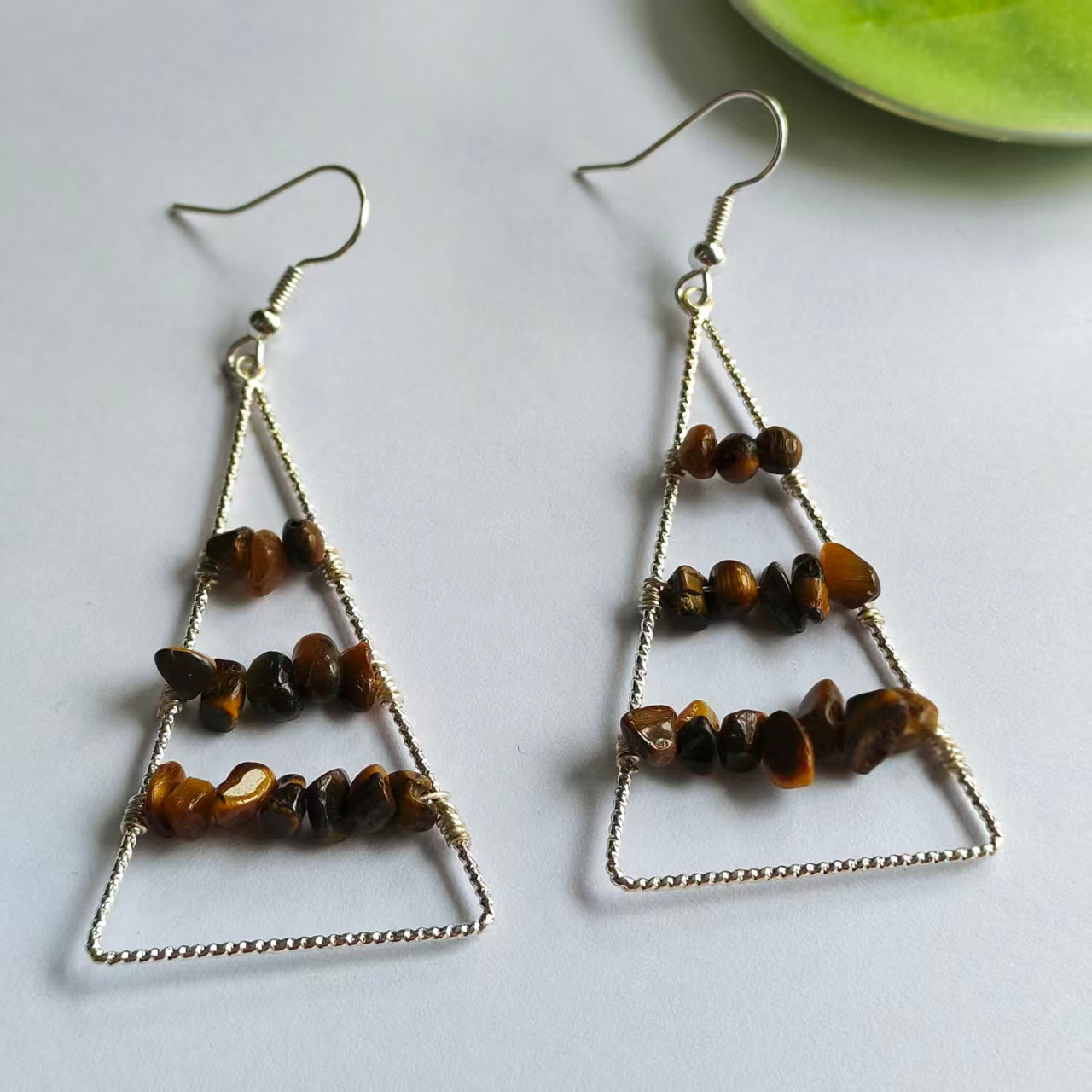 Triangle Earrings Natural Gemstone Brass Wire Handmade | Luck & Calm | Wholesale Bulk Pricing