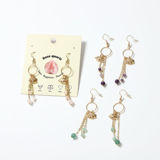 Evil's Eye Earrings Natural Gemstone Round Bead Brass Wire Handcraft | Emotional Healing & Communication | Wholesale Bulk Pricing