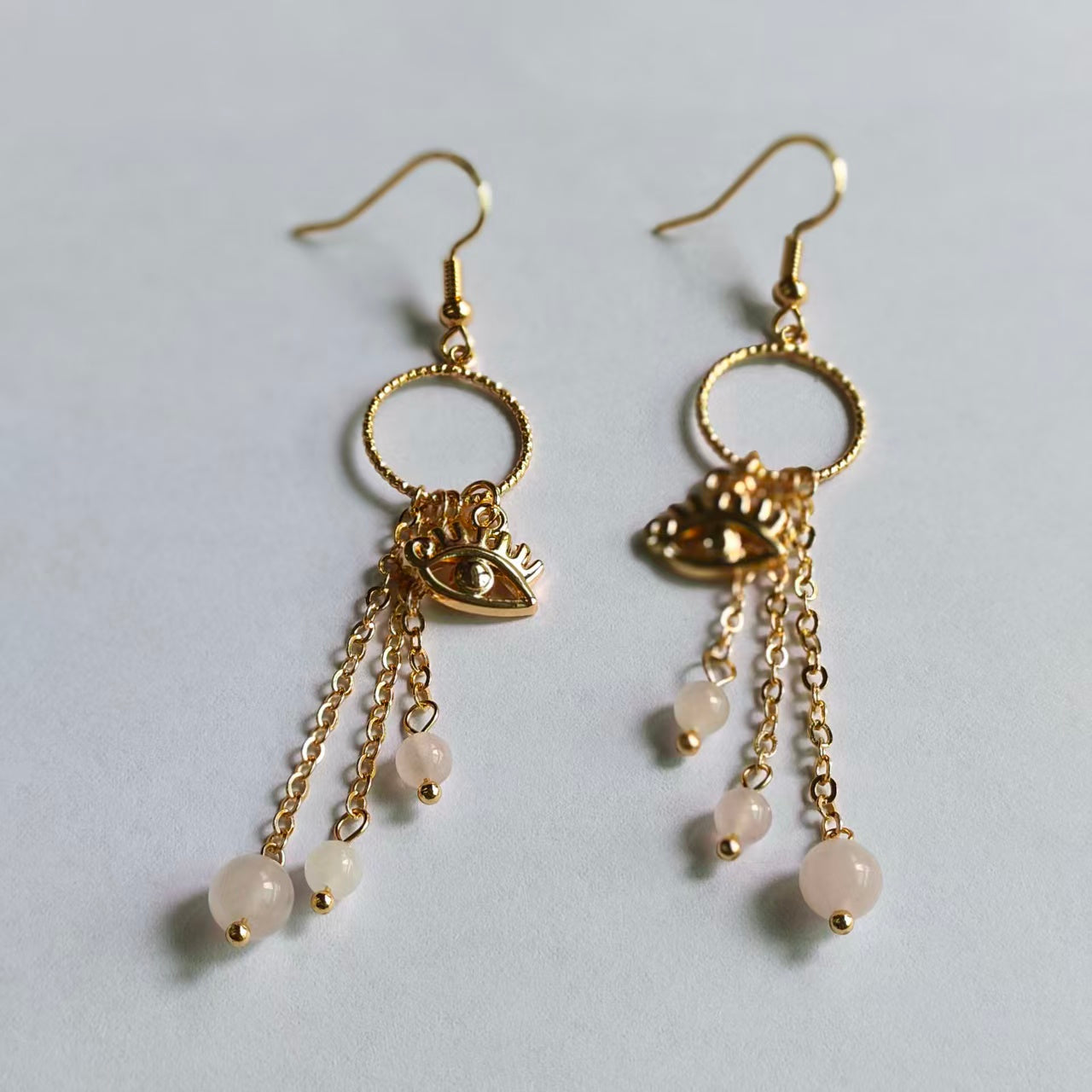Evil's Eye Earrings Natural Gemstone Round Bead Brass Wire Handcraft | Emotional Healing & Communication | Wholesale Bulk Pricing