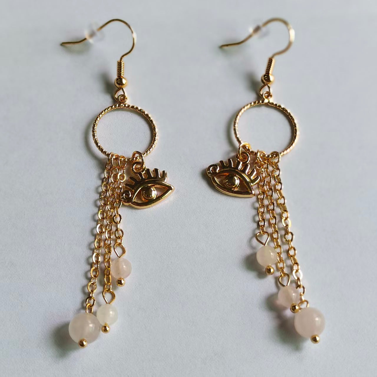 Evil's Eye Earrings Natural Gemstone Round Bead Brass Wire Handcraft | Emotional Healing & Communication | Wholesale Bulk Pricing