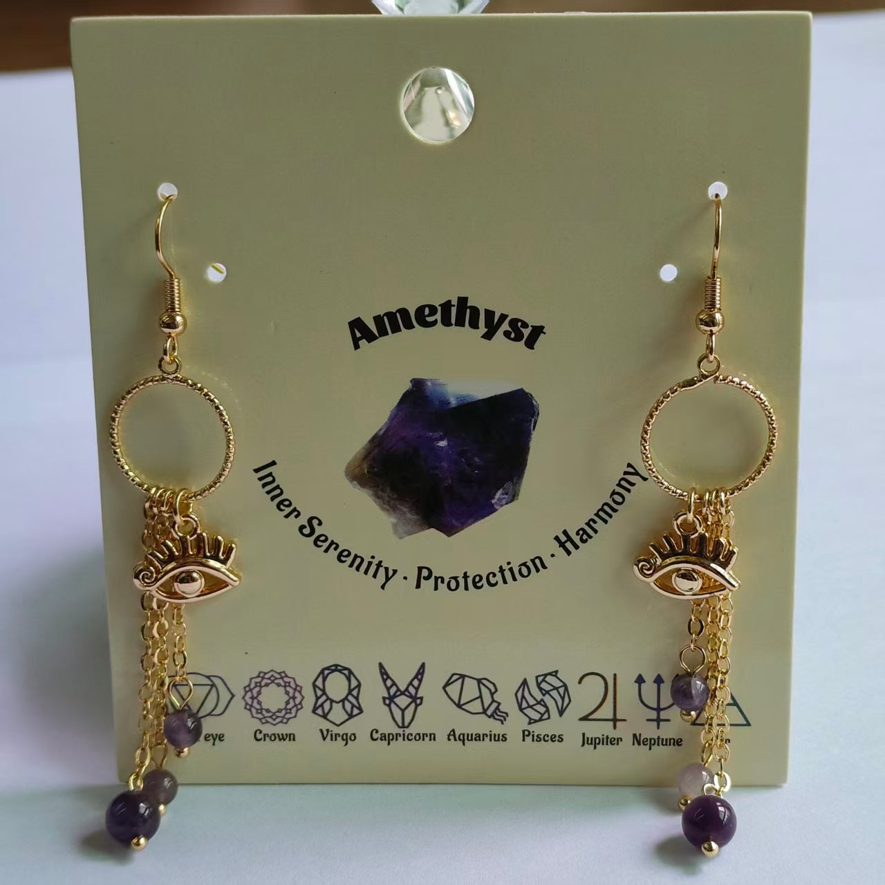 Evil's Eye Earrings Natural Gemstone Round Bead Brass Wire Handcraft | Emotional Healing & Communication | Wholesale Bulk Pricing