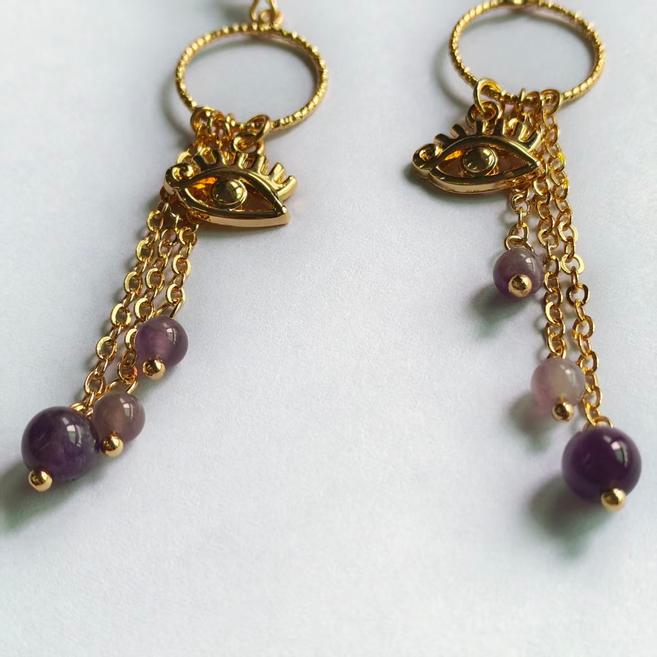 Evil's Eye Earrings Natural Gemstone Round Bead Brass Wire Handcraft | Emotional Healing & Communication | Wholesale Bulk Pricing