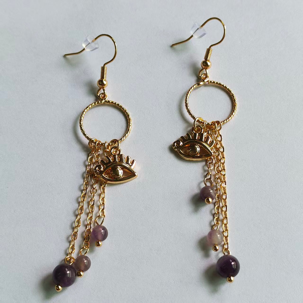 Evil's Eye Earrings Natural Gemstone Round Bead Brass Wire Handcraft | Emotional Healing & Communication | Wholesale Bulk Pricing