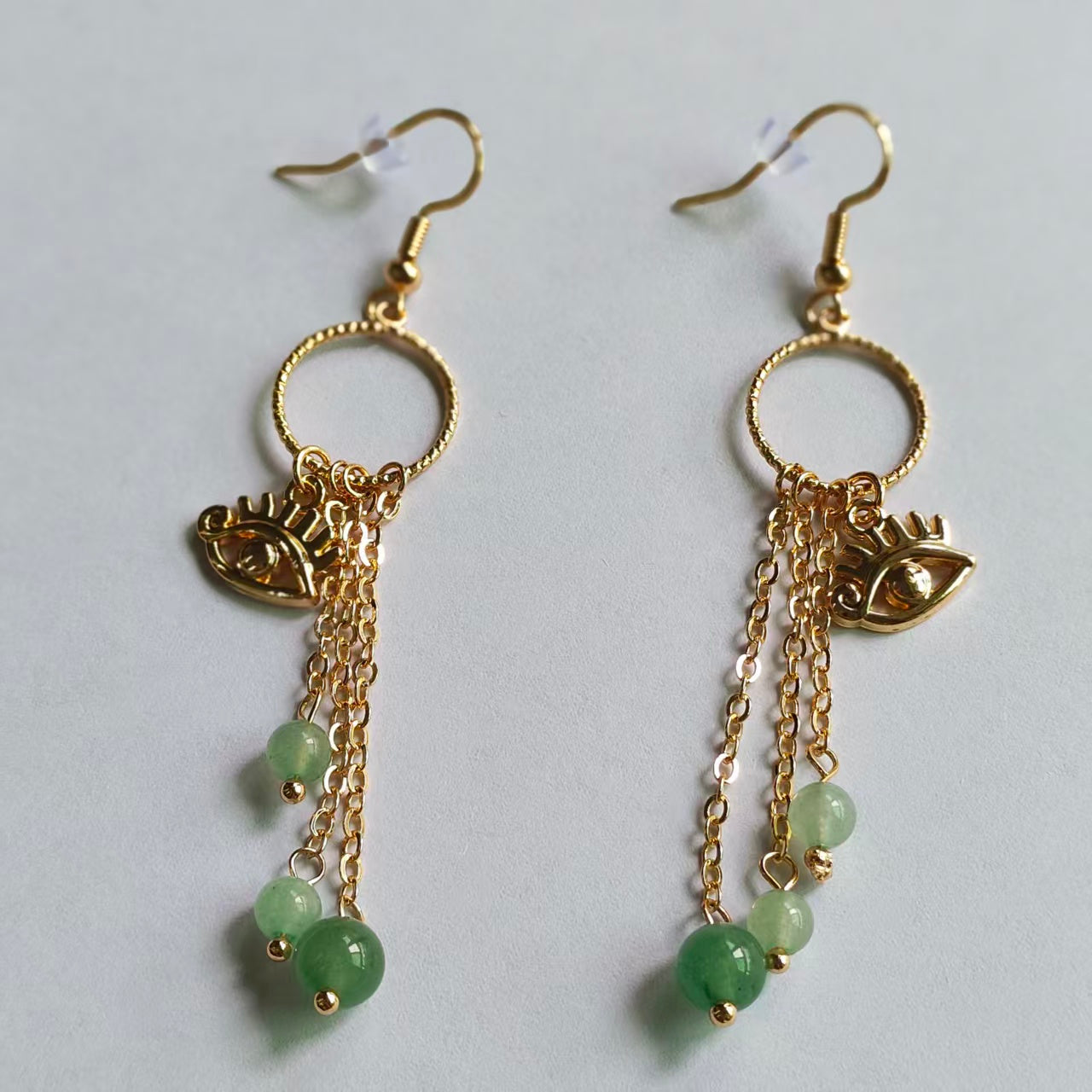Evil's Eye Earrings Natural Gemstone Round Bead Brass Wire Handcraft | Emotional Healing & Communication | Wholesale Bulk Pricing