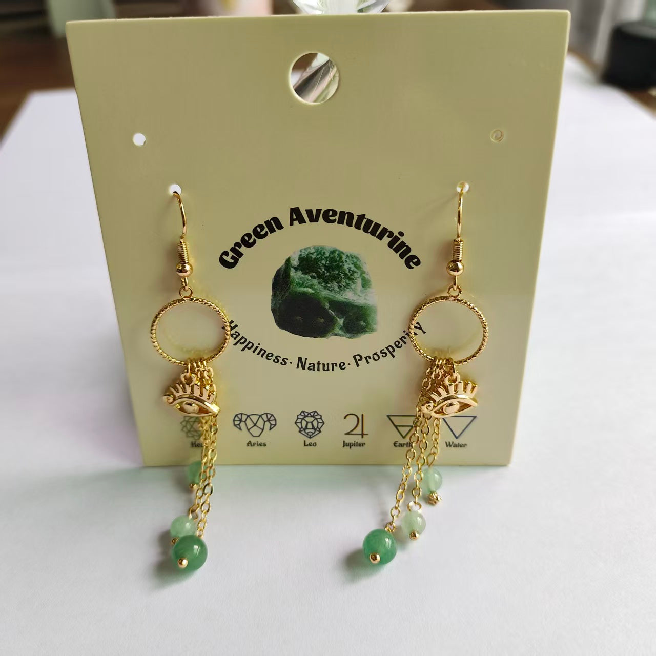 Evil's Eye Earrings Natural Gemstone Round Bead Brass Wire Handcraft | Emotional Healing & Communication | Wholesale Bulk Pricing
