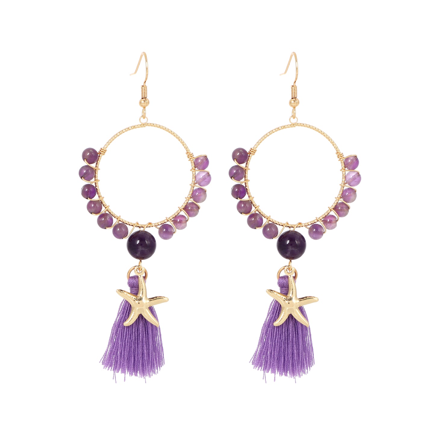 Tassel Earrings Starfish Charm Natural Gemstone Beaded | Wisdom & Opportunity | Wholesale Bulk Pricing