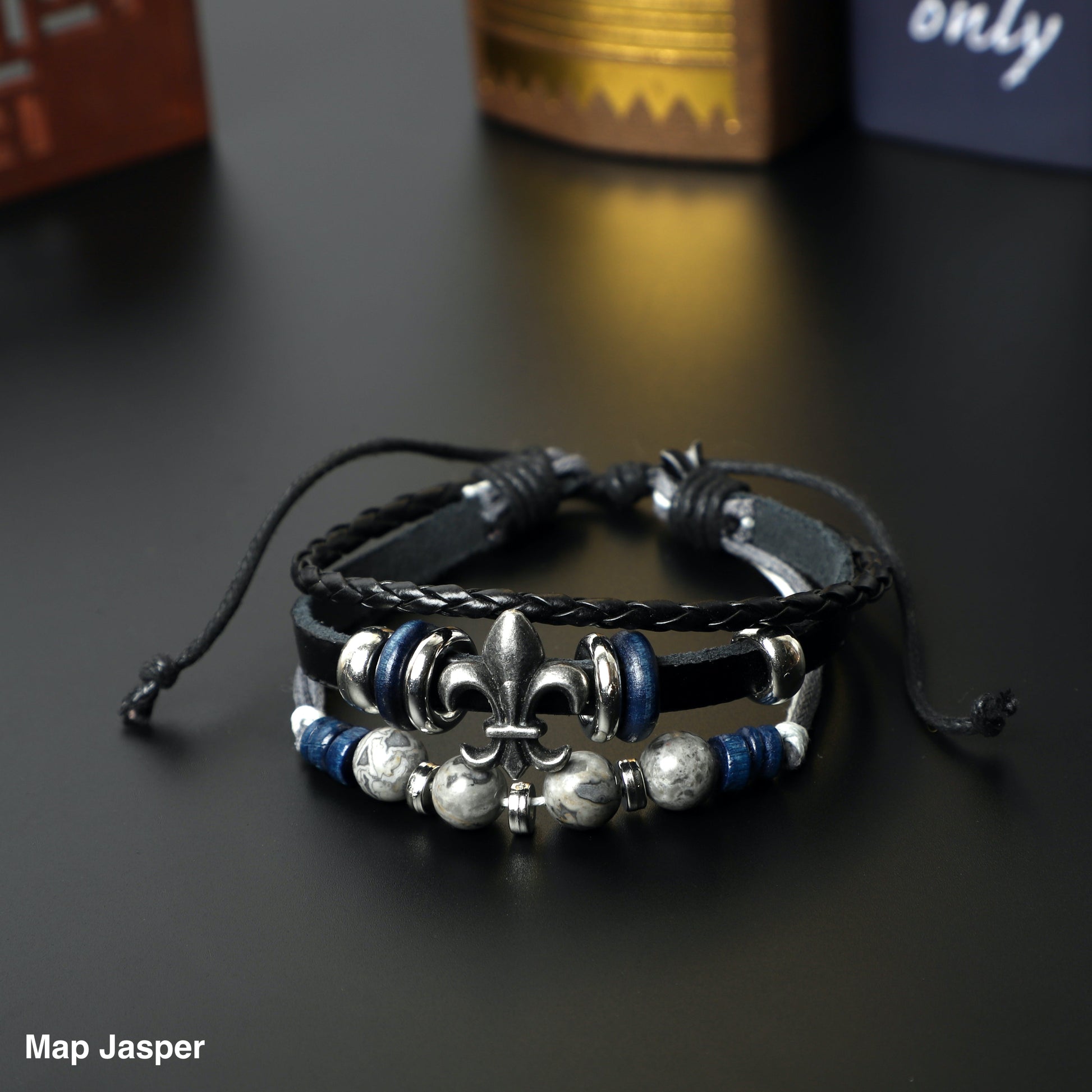 "Fleur De Lis" Leather Bracelets  (8mm Lava Rock  beads) ROLA DIRECT BUY