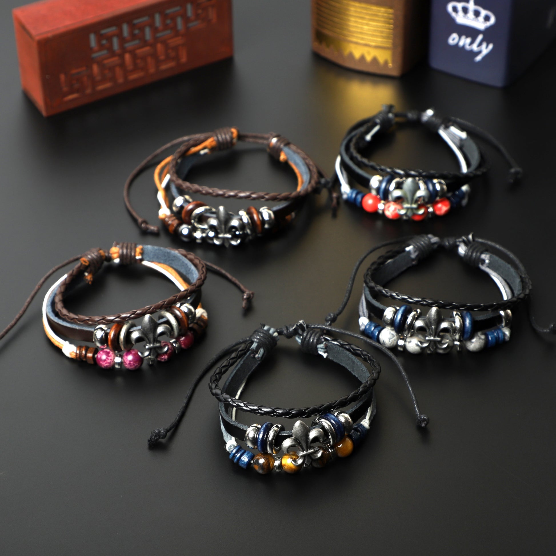 "Fleur De Lis" Leather Bracelets  (8mm Lava Rock  beads) ROLA DIRECT BUY