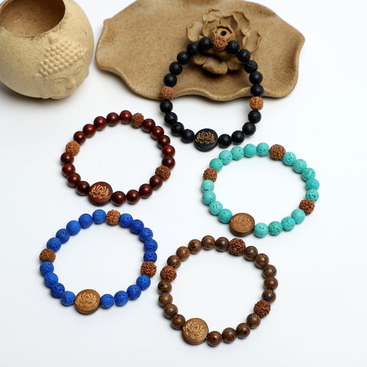 "LOTUS" Bracelet,  ( 8mm Lava Rock, Wooden beads) ROLA DIRECT BUY