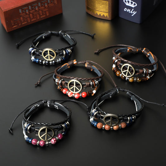 "PEACE" Leather Bracelets  ( 8mm Lava Rock, Gemstone beads) ROLA DIRECT BUY