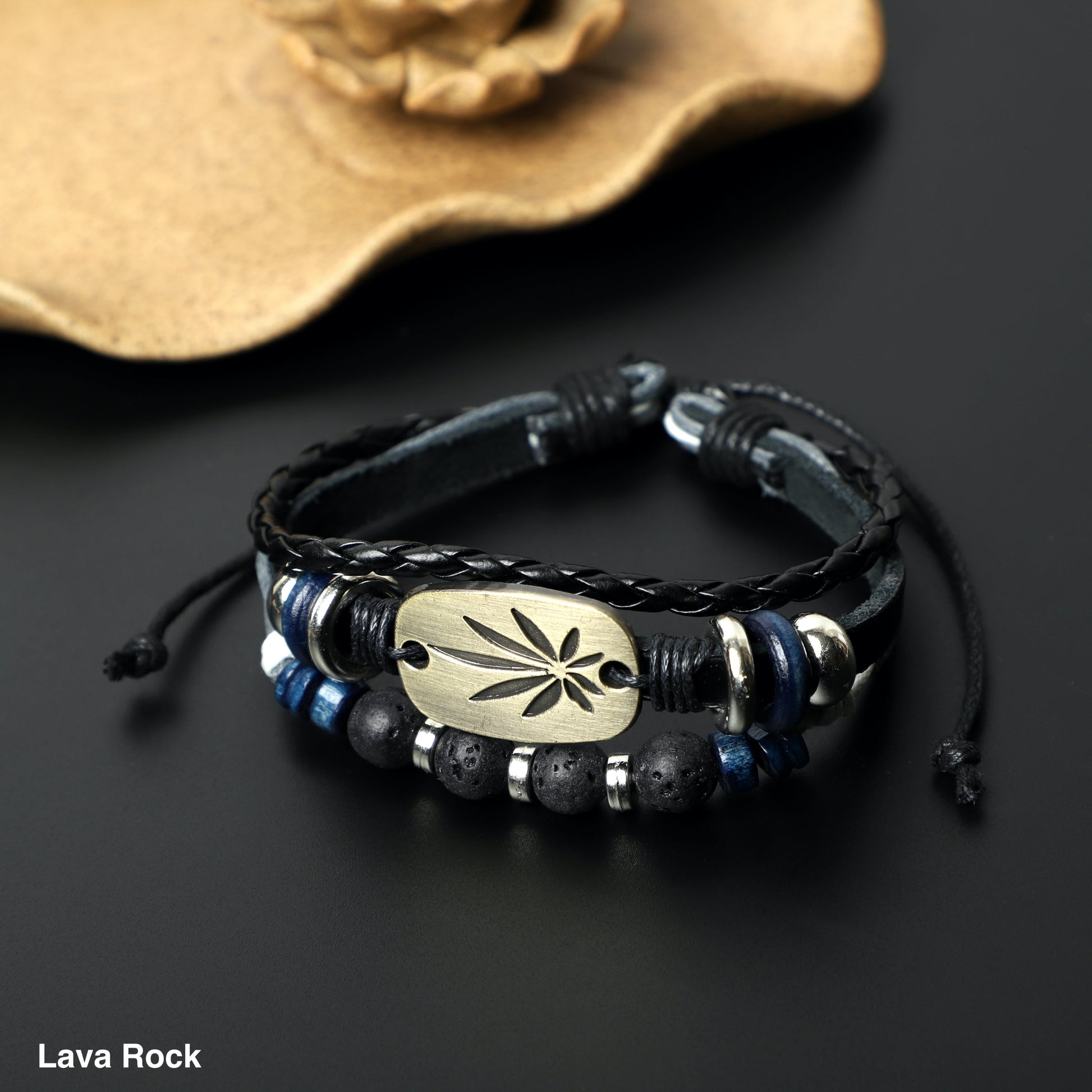 "Pot Leaf" Leather Bracelets  (8mm Lava Rock, Gemstone beads) ROLA DIRECT BUY