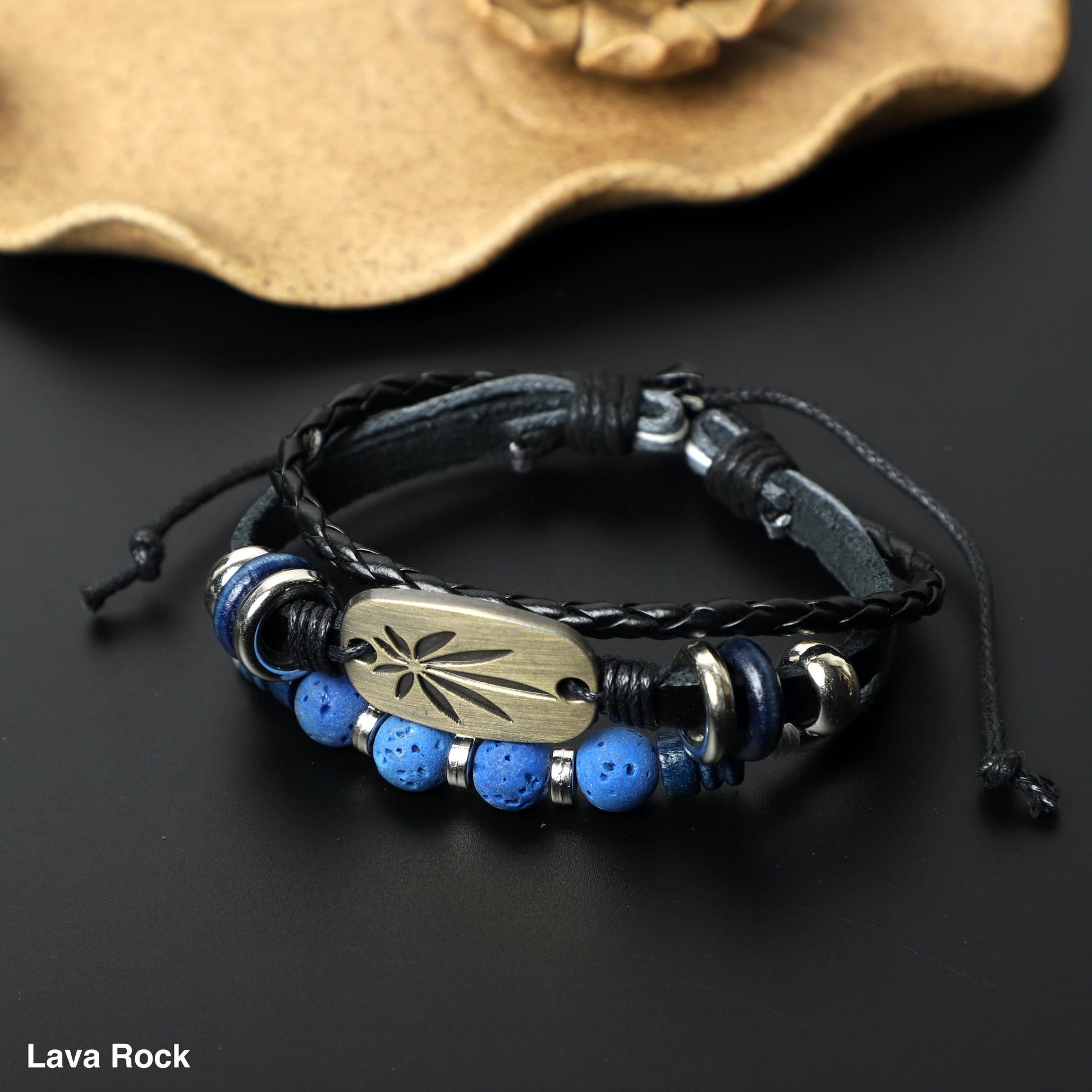 "Pot Leaf" Leather Bracelets  (8mm Lava Rock, Gemstone beads) ROLA DIRECT BUY