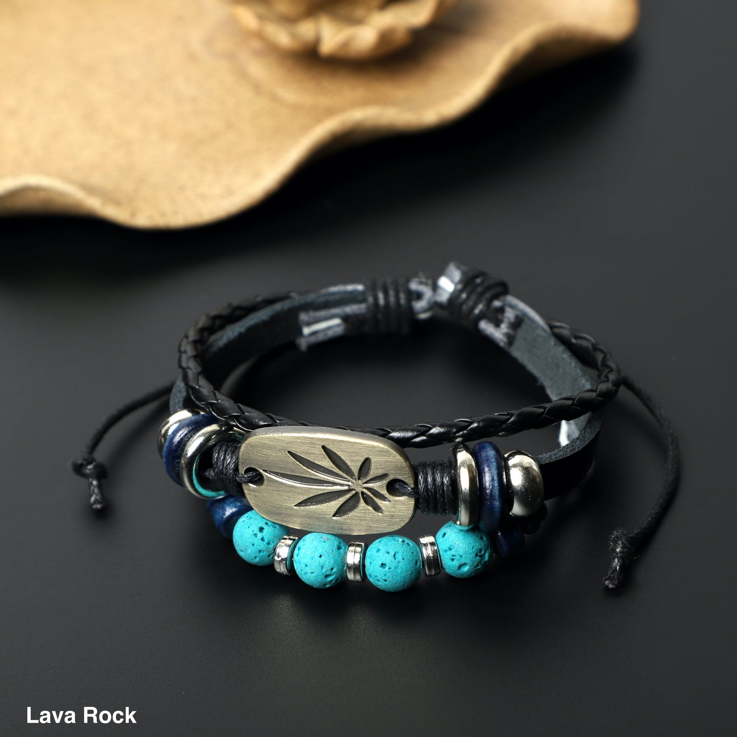 "Pot Leaf" Leather Bracelets  (8mm Lava Rock, Gemstone beads) ROLA DIRECT BUY