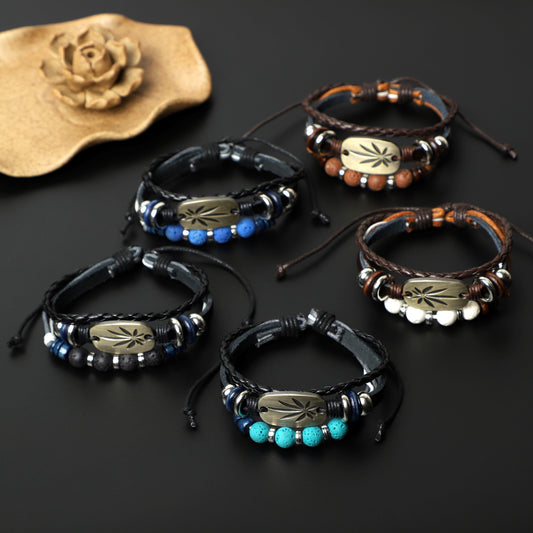 "Pot Leaf" Leather Bracelets  (8mm Lava Rock, Gemstone beads) ROLA DIRECT BUY